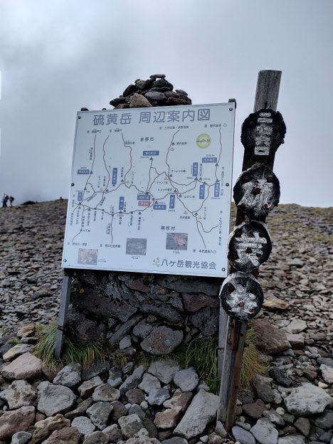 硫黄岳山頂標識と周辺案内図